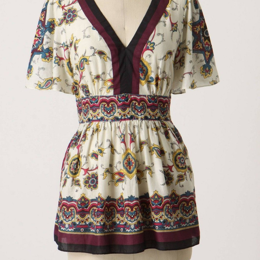 Anthropologie Floral Cotton Kimono Sleeve V-Neck Top Khosrow Blouse By Lil, sz 2